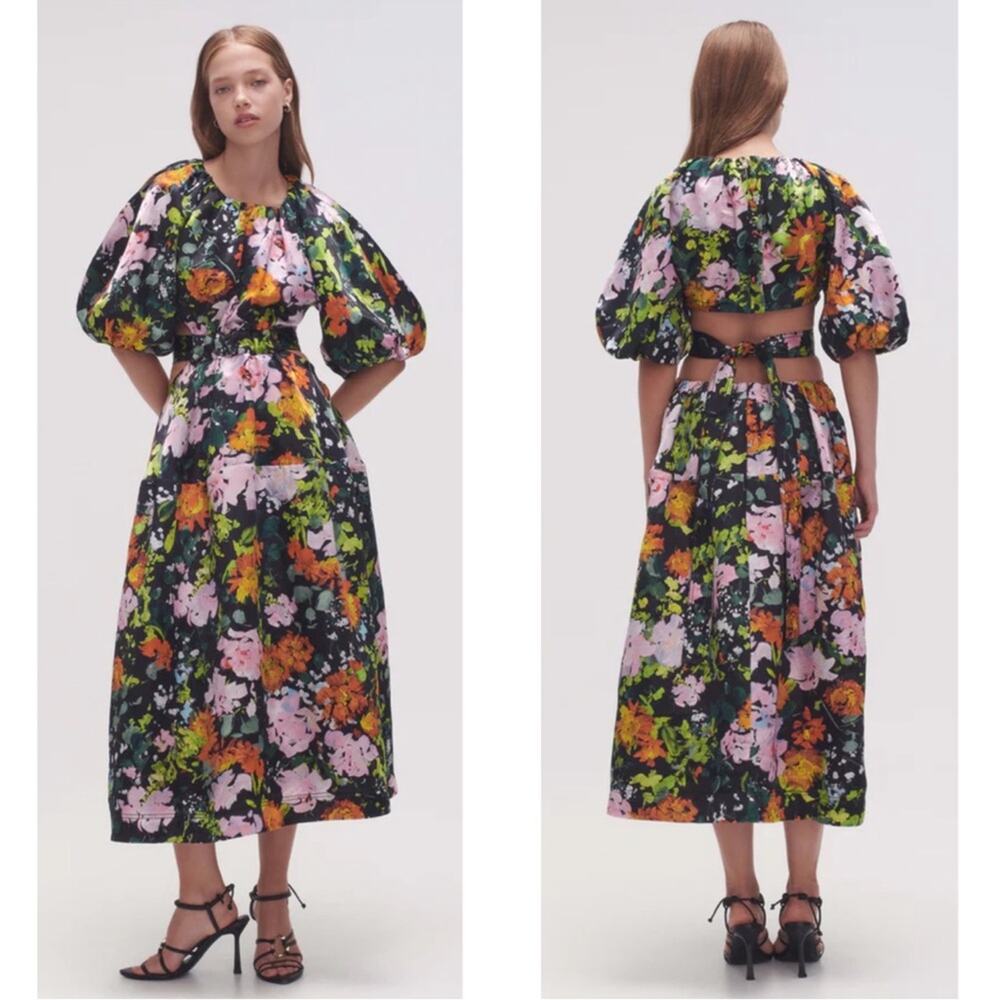 AJE Mimosa Cutout Puff Sleeve Midnight Floral Midi Dress Size 0
